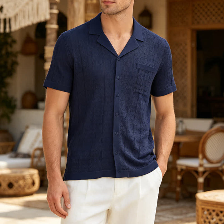Men's Solid Color Cuban Collar Knitted Shirt - Navy - 3XL - image 5