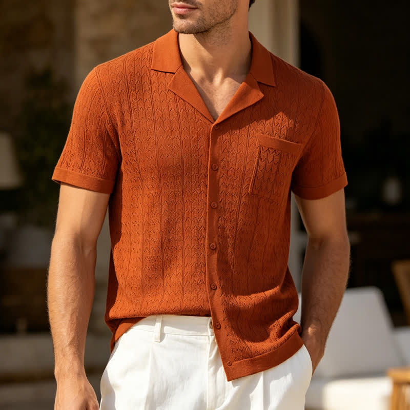 Men's Solid Color Cuban Collar Knitted Shirt - Brown - 3XL - image 4