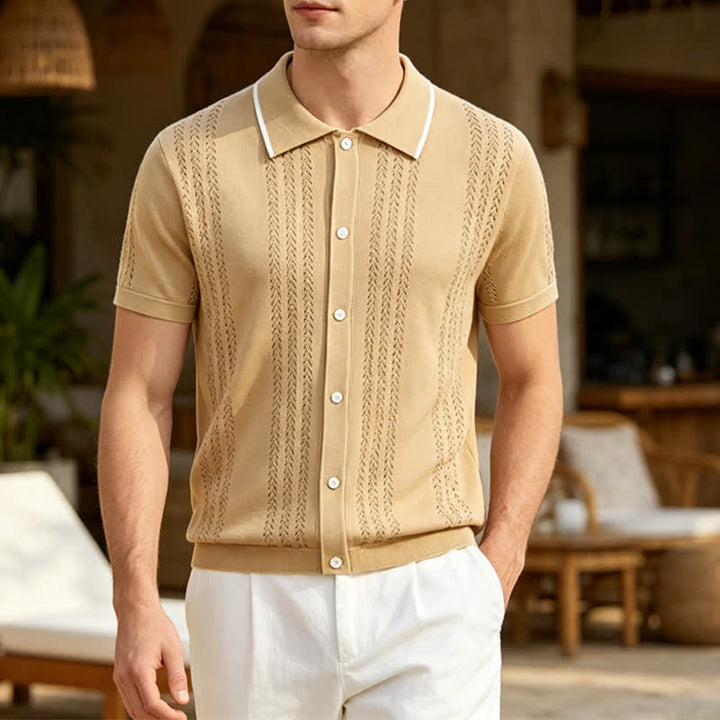 Men's Casual Summer Knitted Shirt With Contrast Trim - Khaki - 3XL - image 4