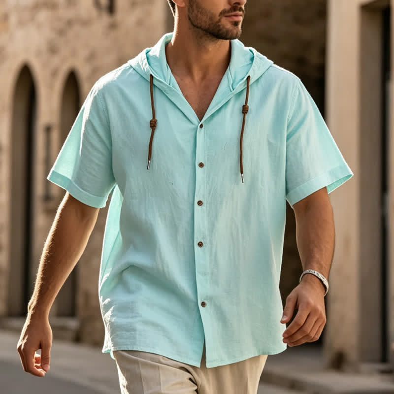 Men's Casual Hooded Lightweight Thin Linen Shirt - Aqua - 3XL - image 0