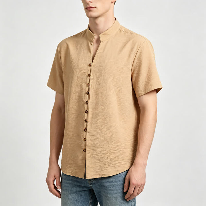 Men's Stand Collar Crinkled Design Linen-Blend Shirt - image 1