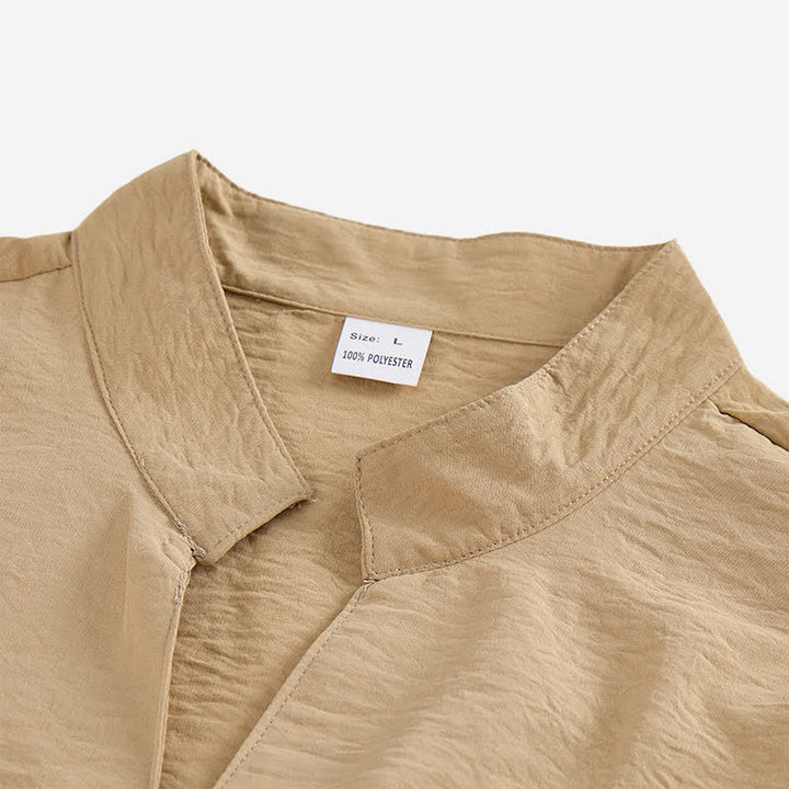 Men's Stand Collar Crinkled Design Linen-Blend Shirt - image 6