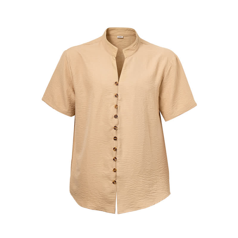 Men's Stand Collar Crinkled Design Linen-Blend Shirt - image 10