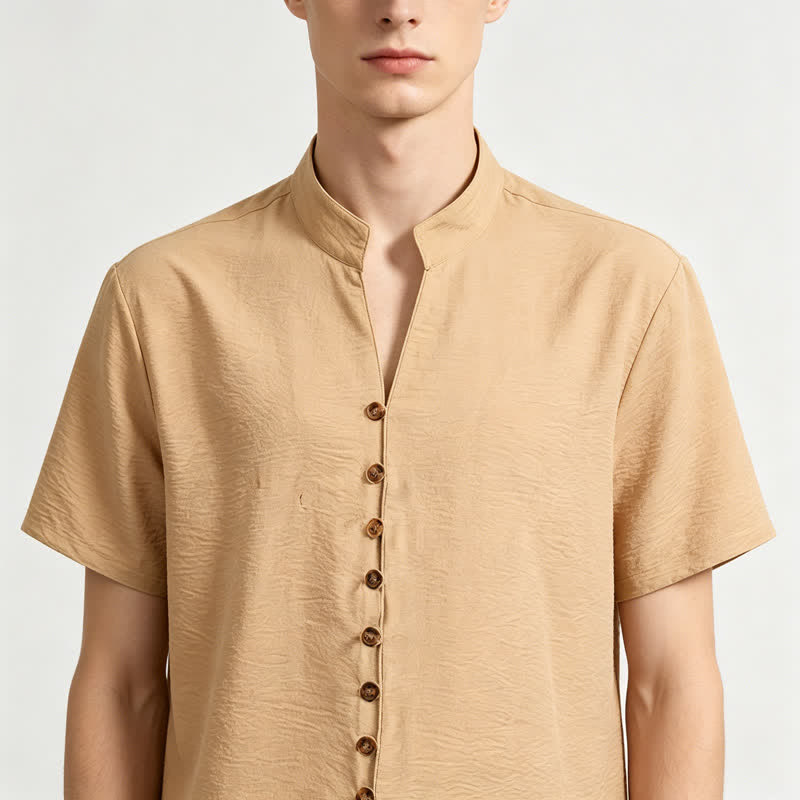 Men's Stand Collar Crinkled Design Linen-Blend Shirt - image 3