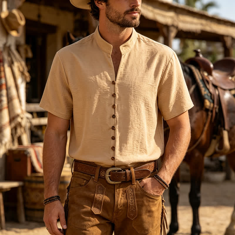 Men's Stand Collar Crinkled Design Linen-Blend Shirt - Khaki - 3XL - image 0