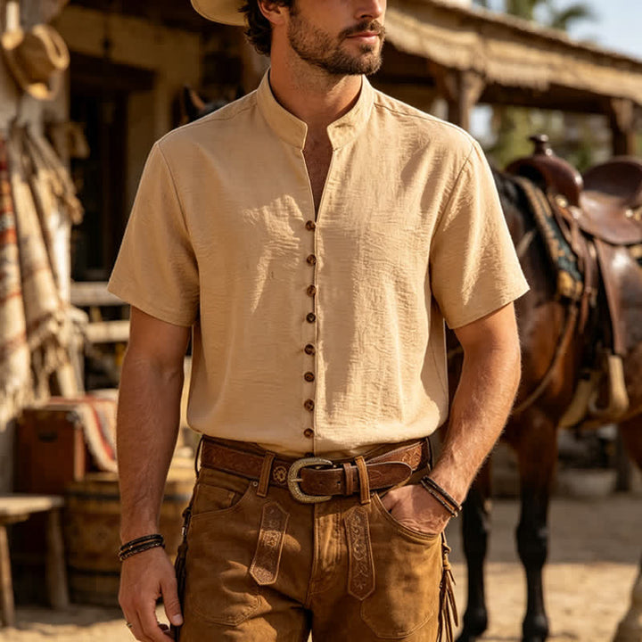 Men's Stand Collar Crinkled Design Linen-Blend Shirt - Khaki - 3XL - image 0