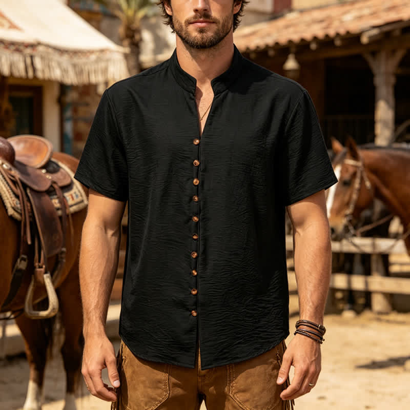 Men's Stand Collar Crinkled Design Linen-Blend Shirt - Black - 3XL - image 5