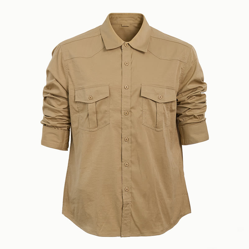 Men's Outdoor Double Pocket Workwear Long Sleeve Shirt - Khaki - 2XL - image 13