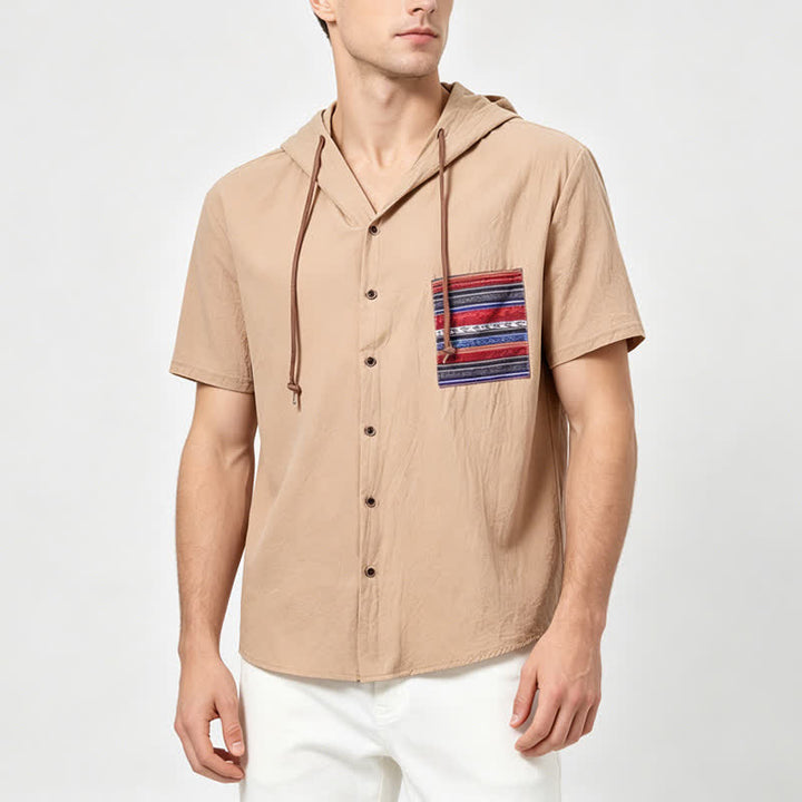 Men's Hooded Linen Shirt With Ethnic Tribal Pocket Detail - image 1