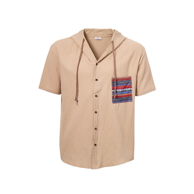 Men's Hooded Linen Shirt With Ethnic Tribal Pocket Detail - image 10