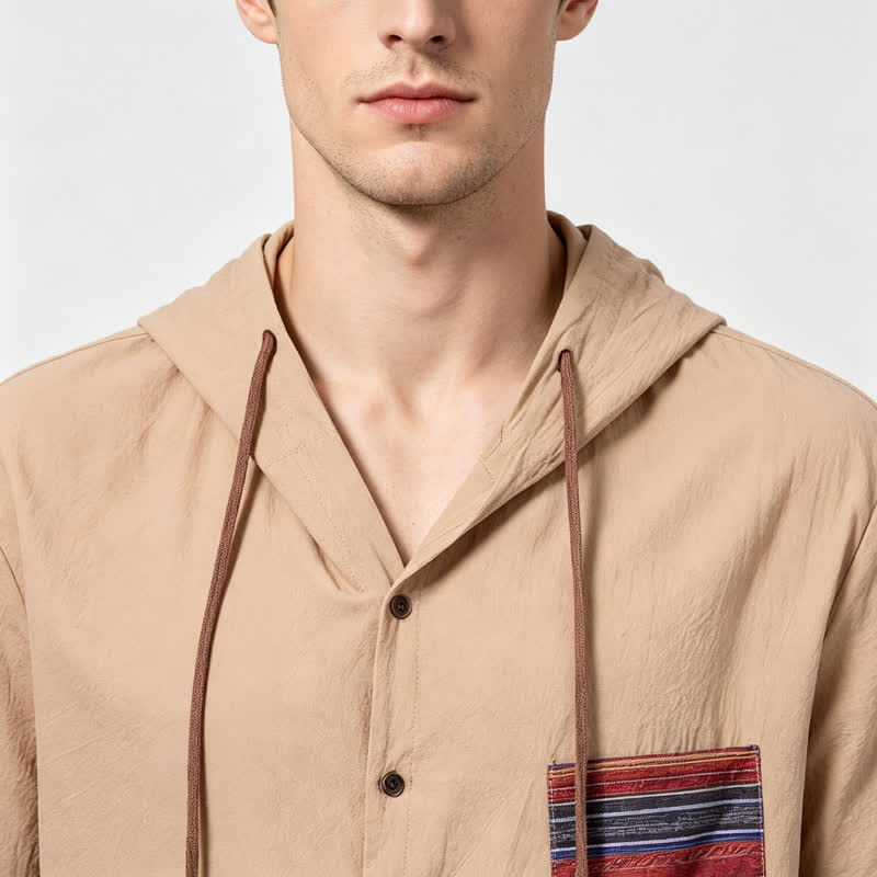 Men's Hooded Linen Shirt With Ethnic Tribal Pocket Detail - image 3