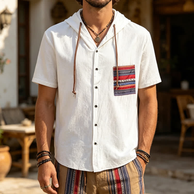 Men's Hooded Linen Shirt With Ethnic Tribal Pocket Detail - White - 3XL - image 5