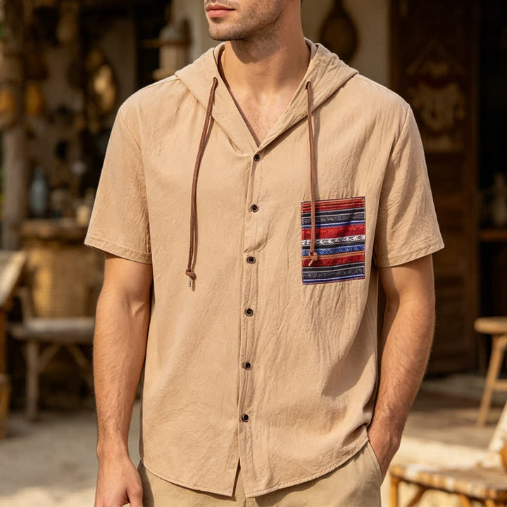 Men's Hooded Linen Shirt With Ethnic Tribal Pocket Detail - Khaki - 3XL - image 0