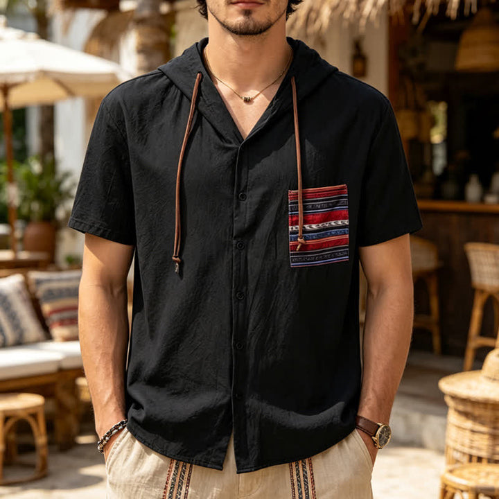 Men's Hooded Linen Shirt With Ethnic Tribal Pocket Detail - Black - 3XL - image 4