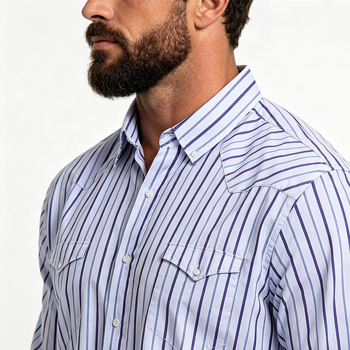 Men's Vertical Striped Turn-Down Collar Button Up Dress Shirt - image 3