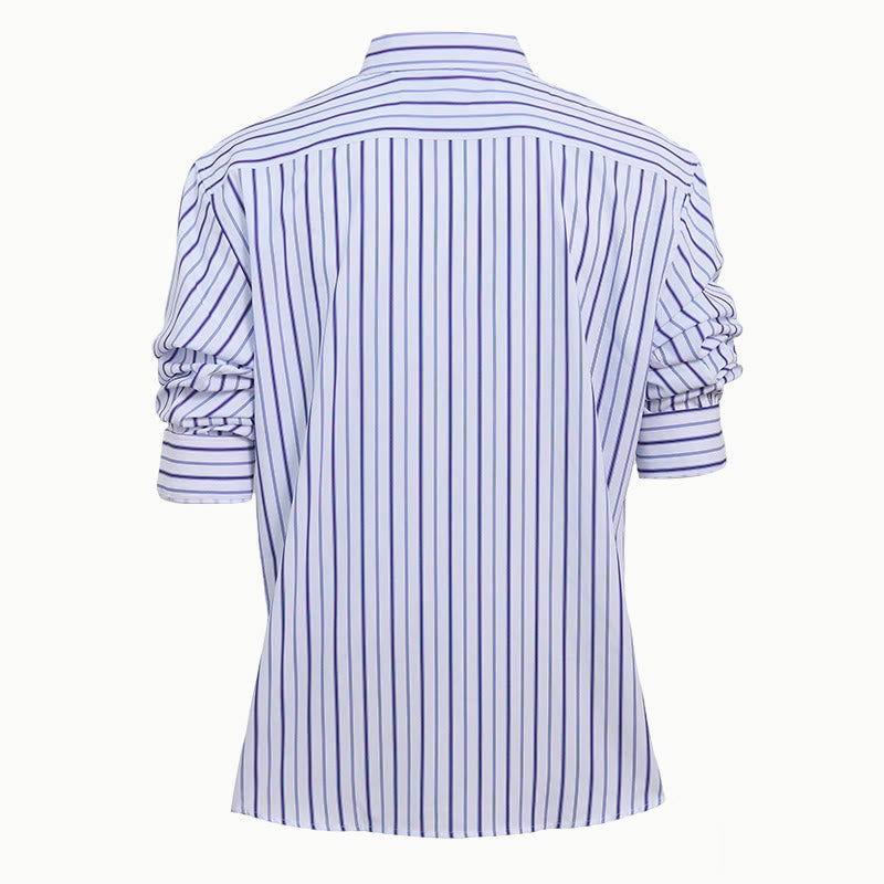 Men's Vertical Striped Turn-Down Collar Button Up Dress Shirt - image 5
