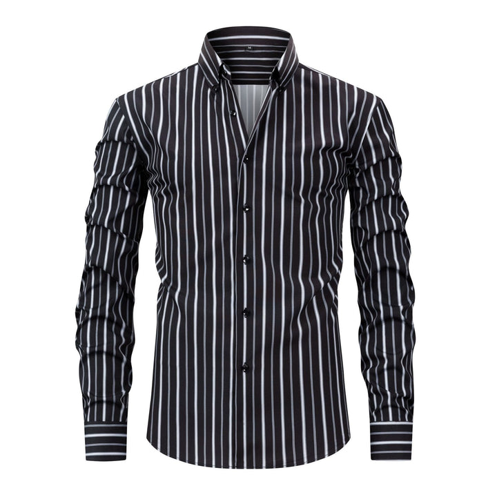 Men's Vertical Striped Turn-Down Collar Button Up Dress Shirt - Black - 3XL - image 12