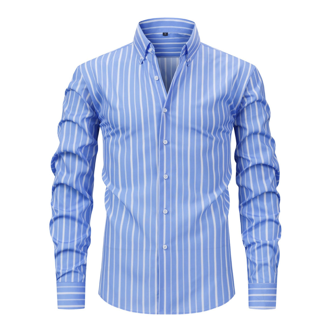 Men's Vertical Striped Turn-Down Collar Button Up Dress Shirt - Sky Blue - 3XL - image 13
