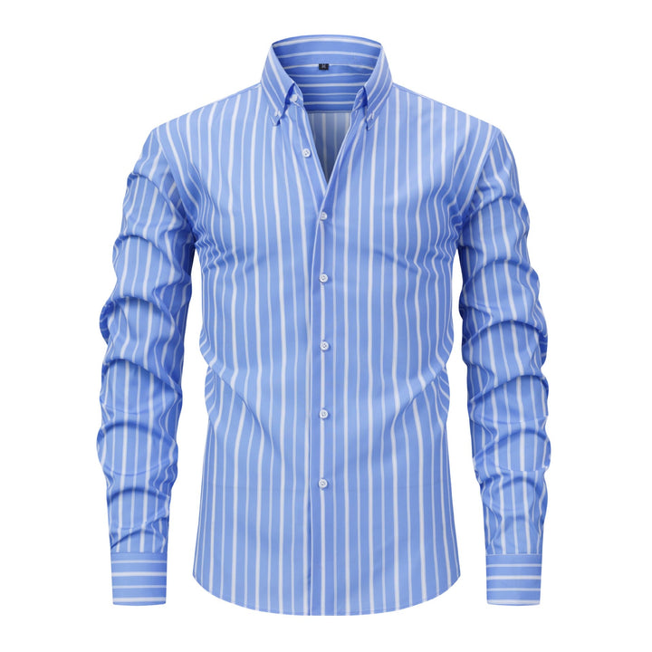 Men's Vertical Striped Turn-Down Collar Button Up Dress Shirt - Sky Blue - 3XL - image 13