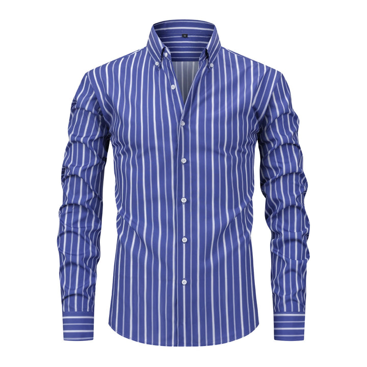 Men's Vertical Striped Turn-Down Collar Button Up Dress Shirt - Royal Blue - 3XL - image 10