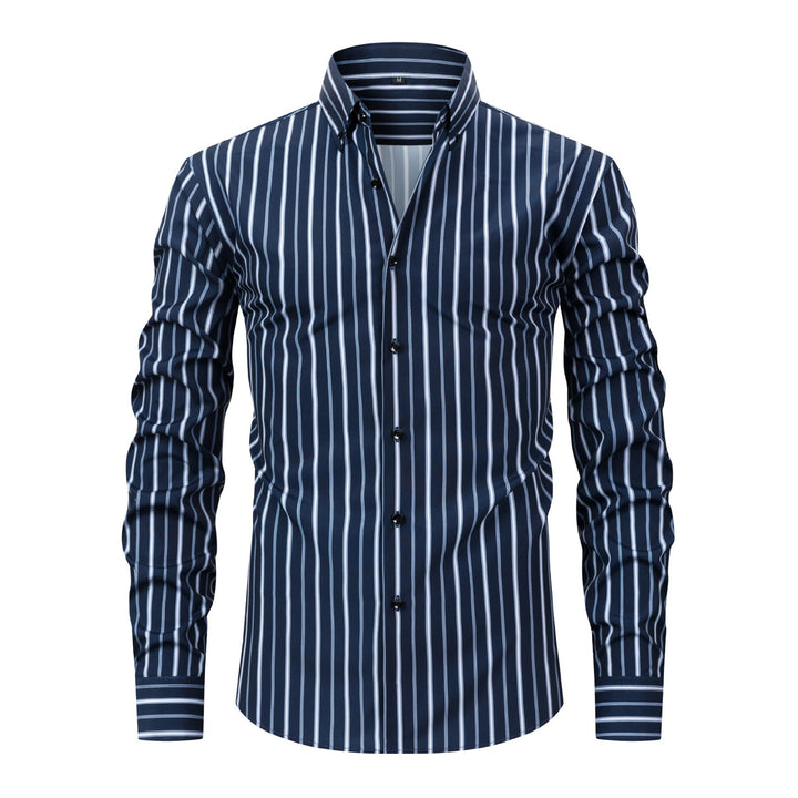 Men's Vertical Striped Turn-Down Collar Button Up Dress Shirt - Navy Blue - 3XL - image 11