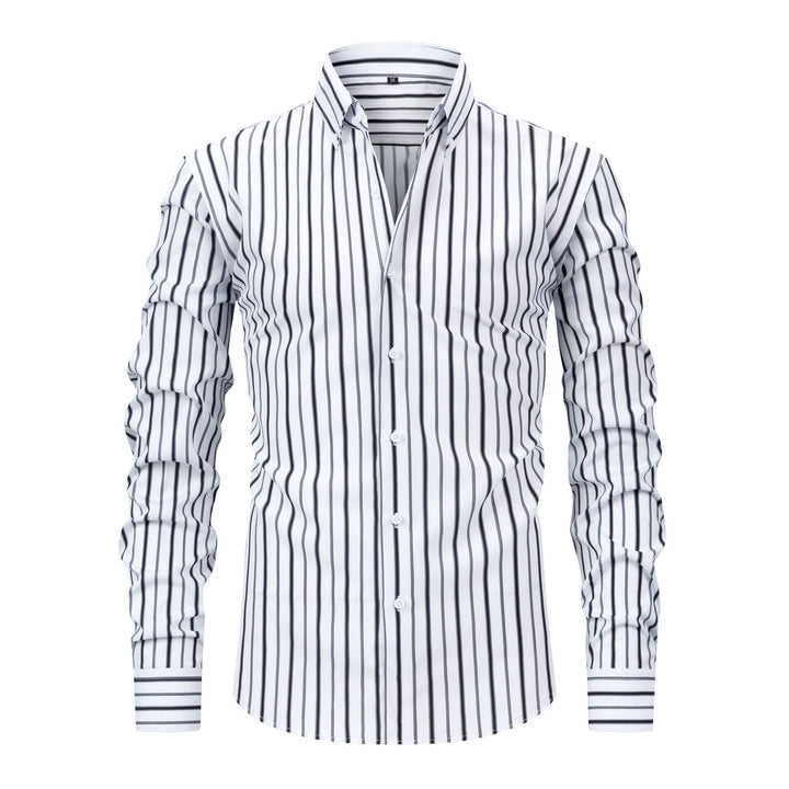 Men's Vertical Striped Turn-Down Collar Button Up Dress Shirt - White & Black - 3XL - image 9