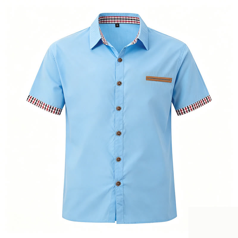 Men's Casual Plaid Trim Chest Pocket Short Sleeve Shirt - Sky Blue - 3XL - image 8