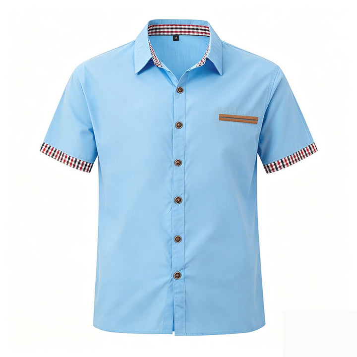Men's Casual Plaid Trim Chest Pocket Short Sleeve Shirt - Sky Blue - 3XL - image 8