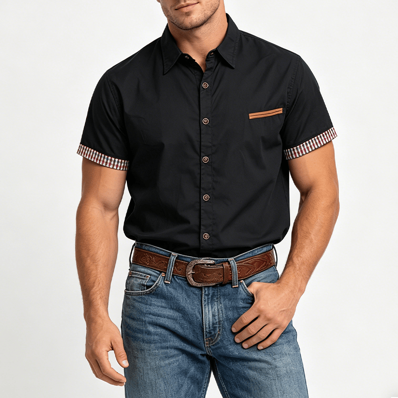 Men's Casual Plaid Trim Chest Pocket Short Sleeve Shirt - image 1