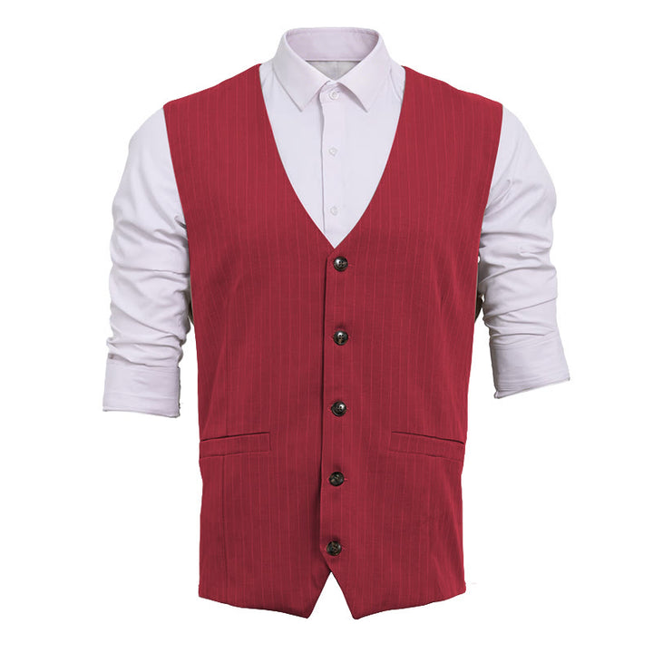 Men's Formal Business Pinstripe Multiple Pockets Suit Vest - Red - 2XL - image 4