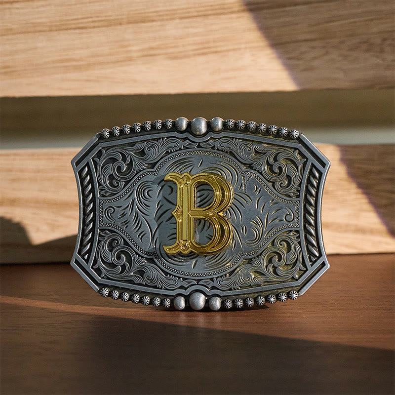 Vintage Initial Letter Square DIY Buckle Leather Belt - B - Without Belt - image 0