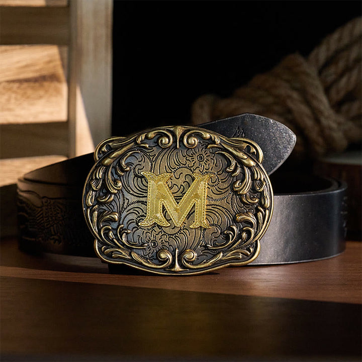 Retro Totem Initial Letter Western DIY Buckle Leather Belt - image 1