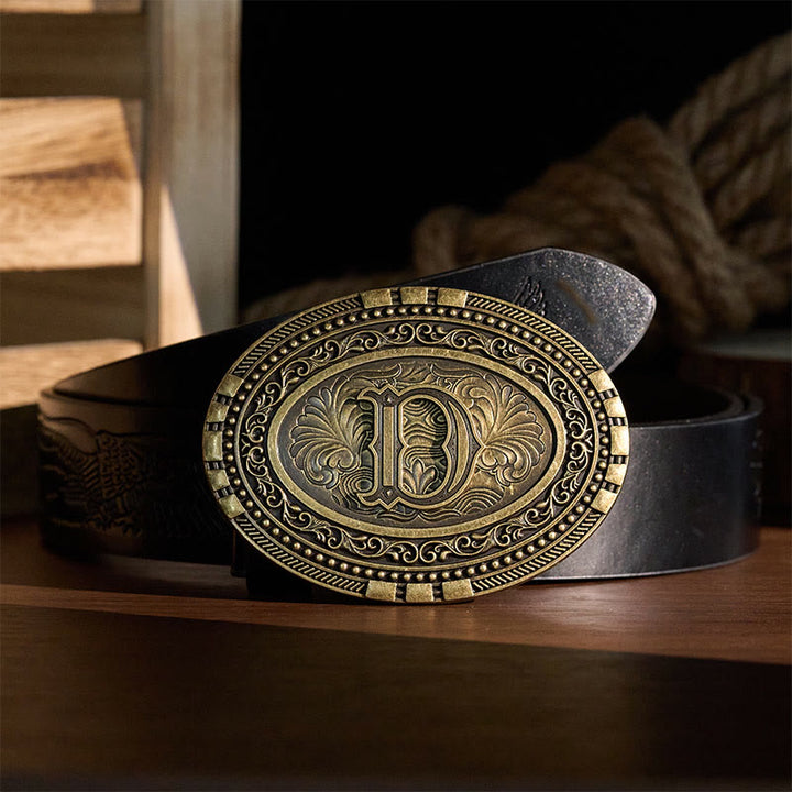 Western Oval Initial Letter Carved DIY Buckle Leather Belt - image 1