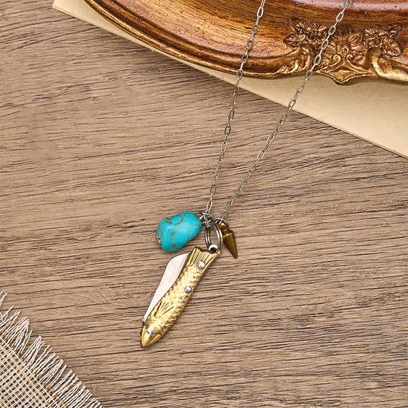 Brass & Turquoise Fish-Shaped Unique Pocket Knife Necklace - Bronze - image 0