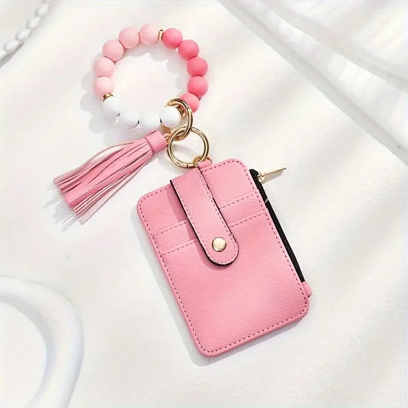 Fashionable Beaded Tassel Wristlet Card Holder Keychain - Pink - image 5