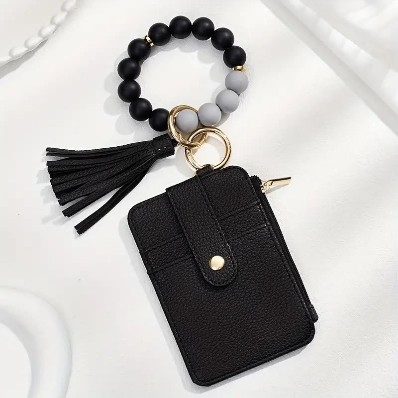 Fashionable Beaded Tassel Wristlet Card Holder Keychain - Black - image 3