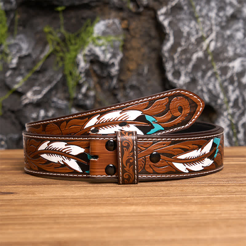 Men's Texas Longhorn Star Hollow Out DIY Buckle Leather Belt - Silver - Brown Feather Belt - 40 - image 13