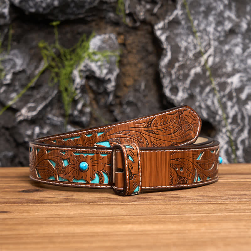 Men's Texas Longhorn Star Hollow Out DIY Buckle Leather Belt - Silver - Turquoise Carved Belt - 42 - image 10