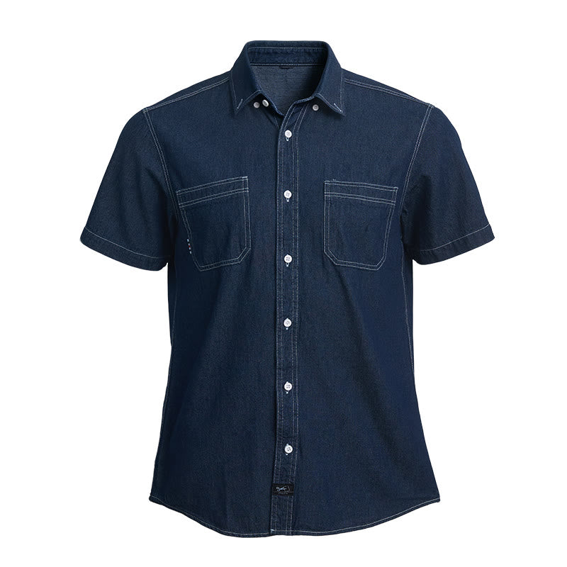 Men's Casual Daily Wear Cotton Short Sleeve Denim Shirt - Dark Blue - 4XL - image 1