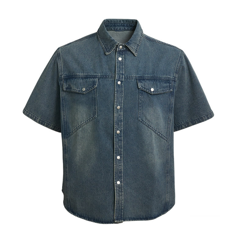 Vintage Washed Denim Short Sleeve Oversized Workwear Shirt - Blue - 2XL - image 0