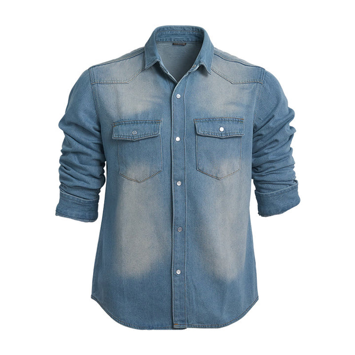 Men's Fashion Distressed Detail Long Sleeve Denim Shirt - Light Blue - 3XL - image 0