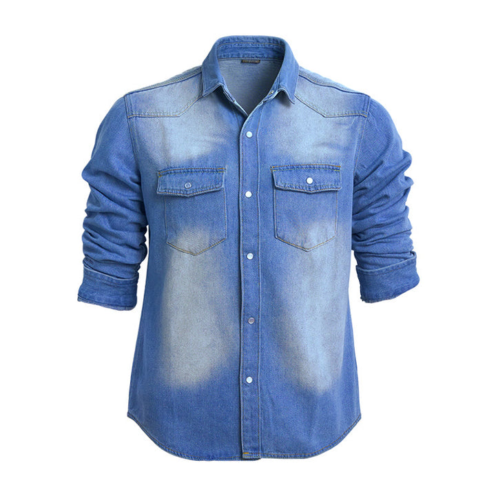 Men's Fashion Distressed Detail Long Sleeve Denim Shirt - Dark Blue - 3XL - image 2