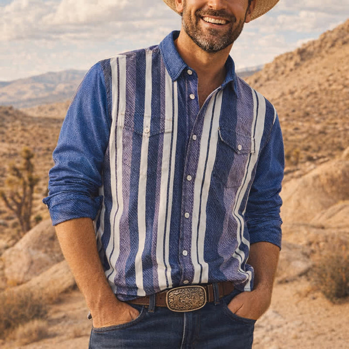 Men's Blue Striped Retro Cowboy Style Long Sleeve Shirt - Blue - 5XL - image 0