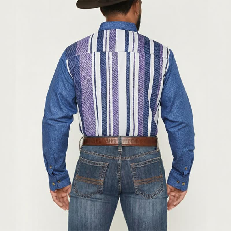 Men's Blue Striped Retro Cowboy Style Long Sleeve Shirt - image 3
