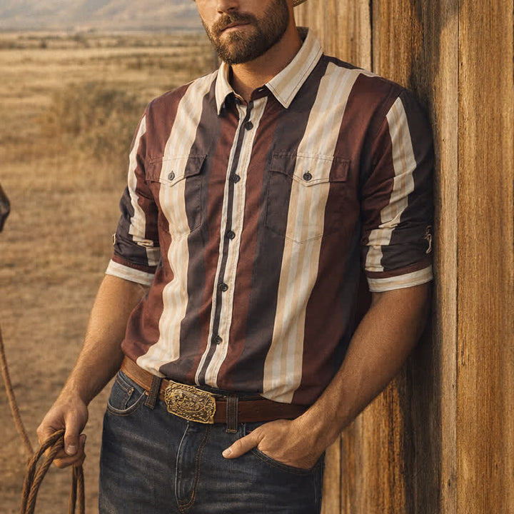 Men's Burgundy & Grey Western Vertical Stripe Long Sleeve Shirt - Burgundy & Grey - 5XL - image 0