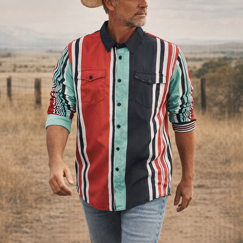 Men's Bold Multi-Color Block Striped Long Sleeve Shirt - Multi-Color - 5XL - image 0