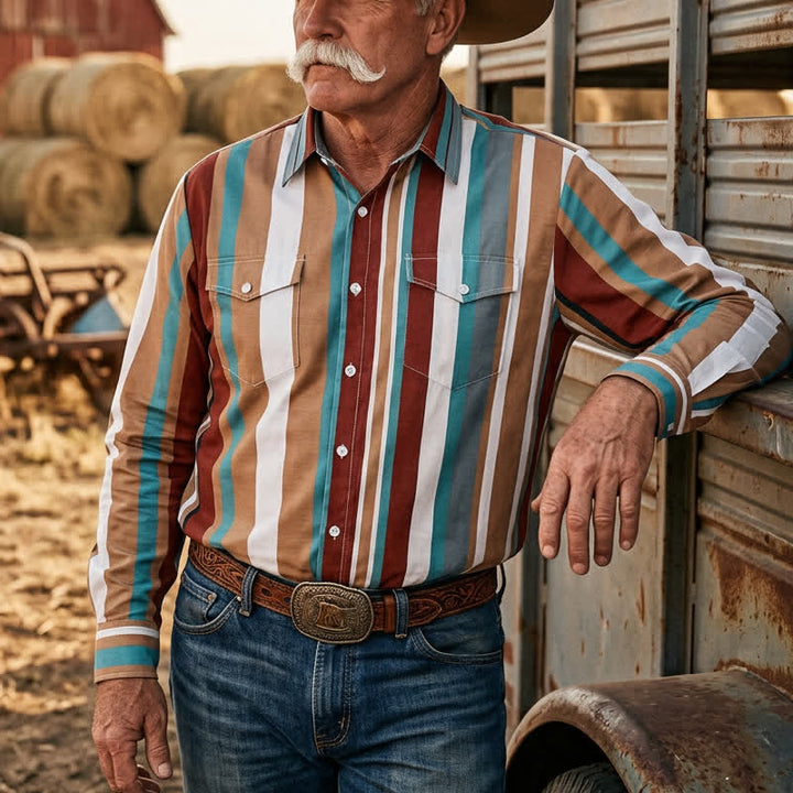 Men's Durable Ranch Workwear Vertical Stripes Long Sleeve Shirt - Brown & Blue - 5XL - image 0