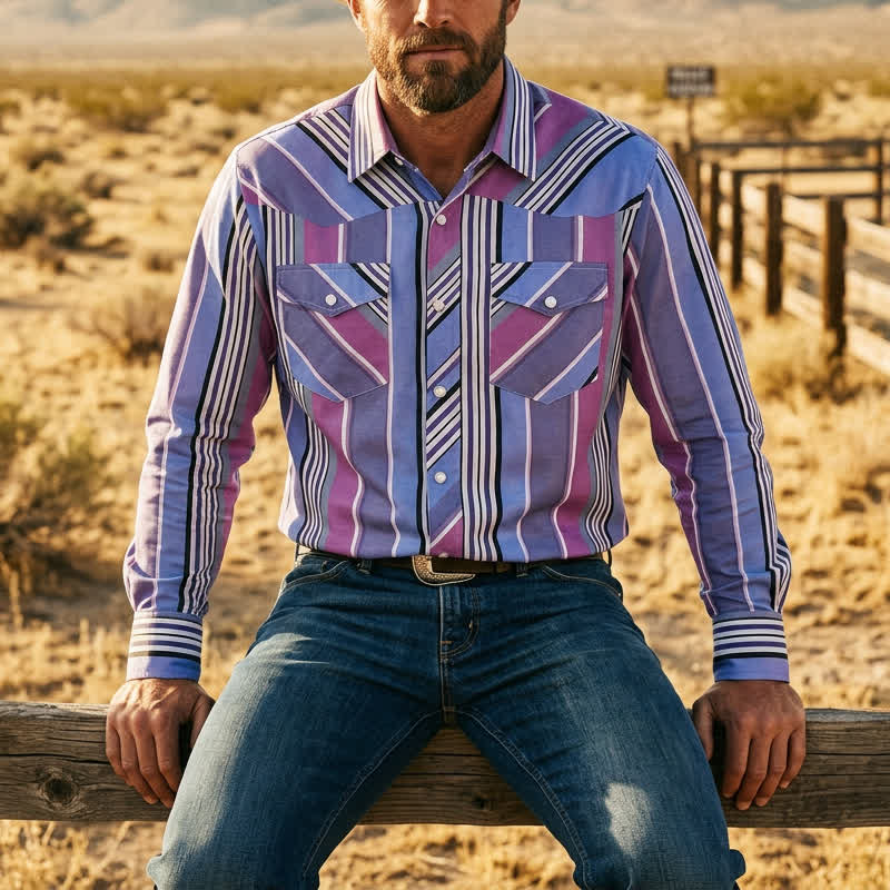 Men's Blue & Purple Aztec-Inspired Western Long Sleeve Shirt - Blue & Purple - 5XL - image 0