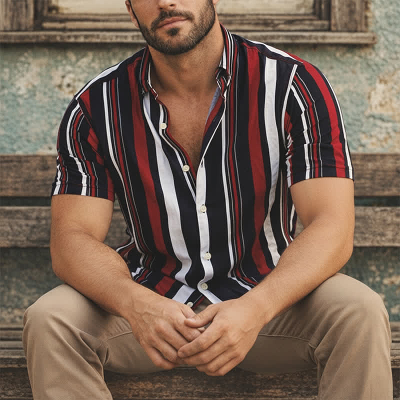 Men's Retro-Inspired Red Black Vertical Striped Shirt - Red & Black - 3XL - image 0