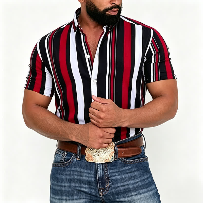 Men's Retro-Inspired Red Black Vertical Striped Shirt - image 1